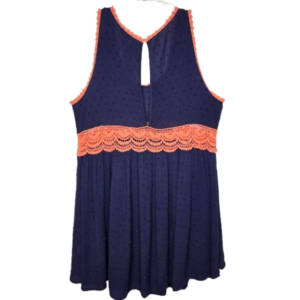 Umgee Navy Swiss Dot Babydoll Dress Coral Lace Empire Waist Boho M Summer - Picture 4 of 11